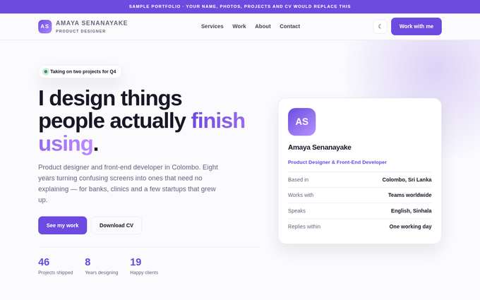 Screenshot of the Amaya Senanayake template